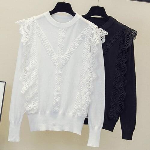 Lace Patchwork Pullover Women Knitted Long Sleeve Woman Sweater Casual 2021 Autumn Winter Korean Fashion Clothing Sweater Femme