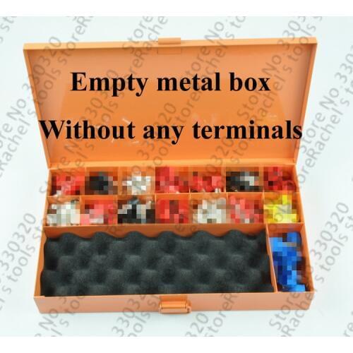 Empty orange metal tool box for sorting hand crimping tool pliers and terminals