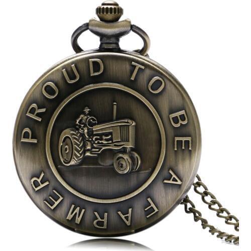 Retro Bronze Harvester Design Proud To Be A Farmer Words Design Quartz Pocket Watch Necklace Chain Xmas Gift for Farmer Dad Boys