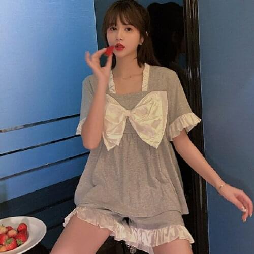Sweet Students Pajamas Set Short Sleeve Cotton Sleepwear New Big Bow Summer Pyjamas Women Korean Princess Nightwear Pijama