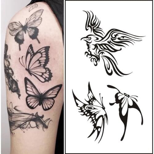 Waterproof Temporary Tattoo Sticker Black Butterfly Cherry Blossom Bird Flower English Letters Body Art Tatoo Sticker Fake Tatto