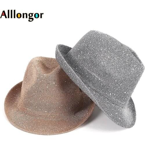 High Quality Unisex 2021 Summer Breathable Knitted Fedora Hat Mens Women Jazz Hat Short Brim Sequins Fashion Beach Sun Hat