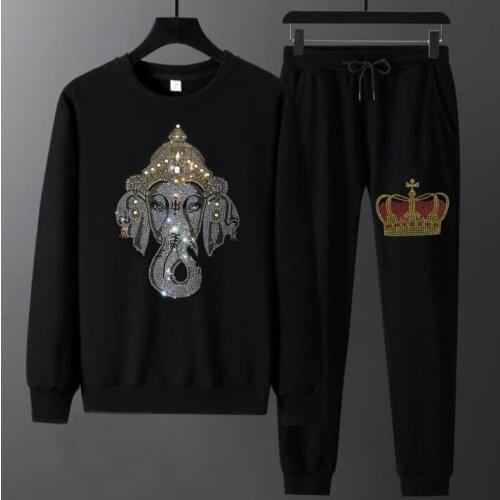 Top quality 2021 winter designer hot drill tracksuit young man 2 pcs set black color suits for holiday