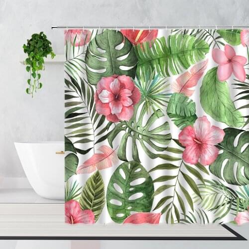 Green Plant Shower Curtain Pink Flowers Color Bird Monstera Coconut Tree Bathroom Decoration Curtains Waterproof Bathtub Screen