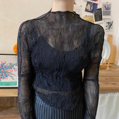 Turtleneck lace bottoming shirt pleated Miyake womens inner wear all-match semi-high neck sexy slim fit long sleeve T-shirt