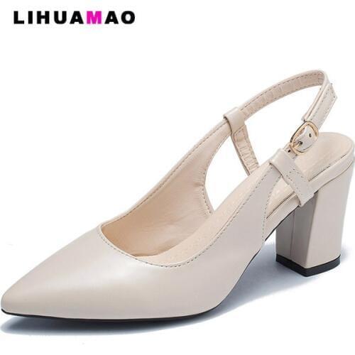 LIHUAMAO women square heel pointed toe sandlas ladies high heel sandals slingback shoes pumps party dacning block heel shoes