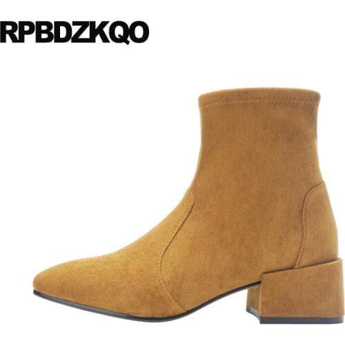 Women Ankle Boots Medium Heel Winter Designer Slip On Suede Stretch Genuine Leather Chunky Shoes Big Brand Short Sheepskin Fall
