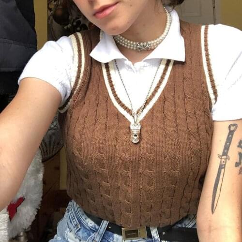 Casual Cute V Neck Sleeveless Sweater Vest Women Autumn Vintage Y2K Knitted Crop Tops Tees Fashion Casual Knitwear