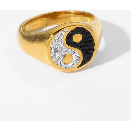 18K Gold Plated Stainless Steel Full Zircon Yin Yang Rings For Women Chunky Finger Rings Waterproof Jewelry