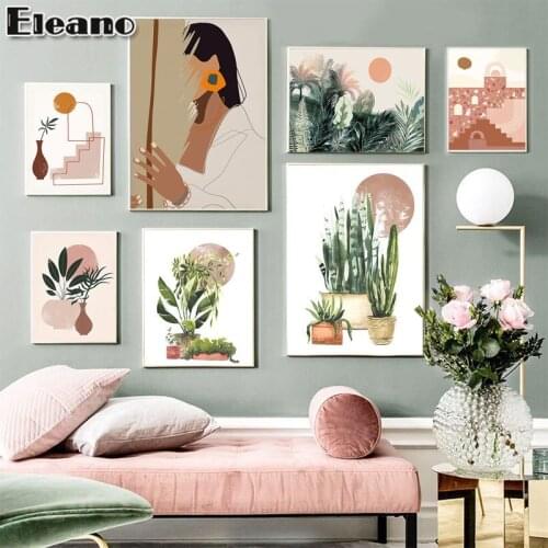 Abstract Decor Painting Flower Poster Wall Art Orange Canvas Girl Hojas Retro Nordic Bedroom Decoration Living Room Line Drawing