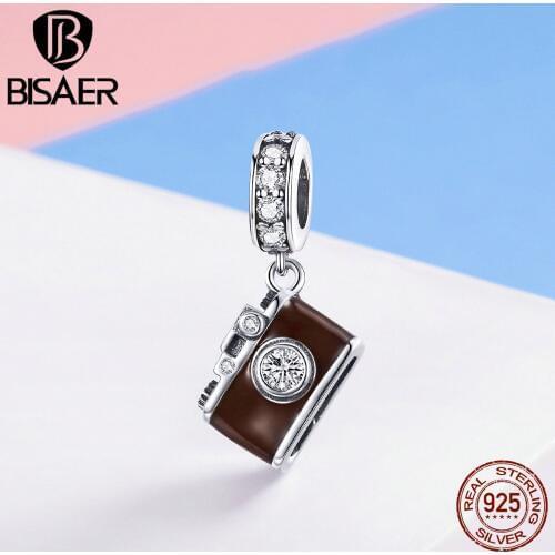 BISAER 925 Sterling Silver Travel Camera Vintage Camera Charm Beads fit Bracelet Beads for Silver 925 Jewelry Making ECC953