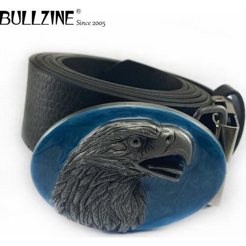 Bullzine zinc alloy retro blue enameled eagle head belt buckle jeans gift belt buckle Free PU belt FP-02636 drop shipping