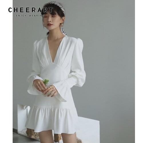 CHEERART White Deep V Neck Tunic Flare Sleeve Ladies Dress Long Sleeve Ruffle Korean Style Mini Dress Women Clothing