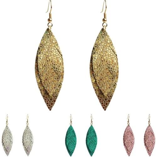 Cpop Shiny Double Layers Genuine Goat Leather Earrings for Women Statement Feather Glitter Dangle Earrings Leather Jewelry Gifts