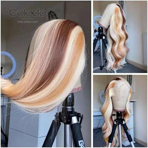 COLODO 613 Lace Frontal Wig 13*4 Human Hair Wigs Ombre Highlight Colored Transparent Honey Blonde Colored Front Body Wave
