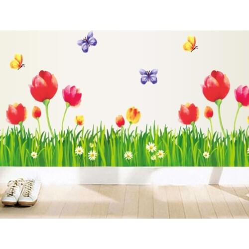 Eco Skirting Line Bedroom Corridor Room Decor Wall Sticker Romantic Tulip Flowers Plant Grass Vinyl Decals PVC Wall Paper