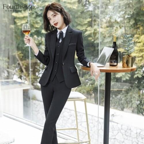 3 Pieces Set Office Lady Business Work Uniform Formal Pant Suits For Women Black Color Jacket Blazer Sets Trousers Autumn 2021