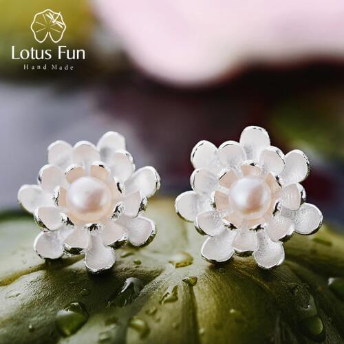 Lotus Fun Real 925 Sterling Silver Natural Pearl Creative Handmade Fine Jewelry Vintage Blooming Lotus Stud Earrings for Women