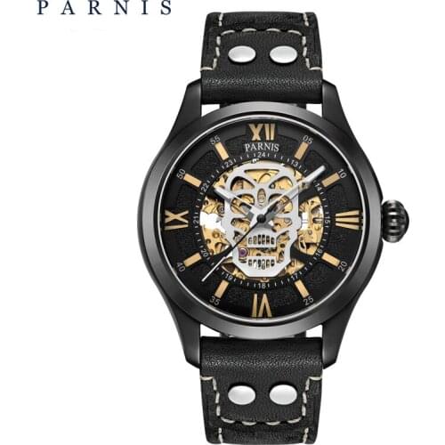 Parnis 42mm Mechanical Mens Watches Fashion Design Skull Men Automatic Watch Sapphire Crystal Black PVD Case Luminous Leather