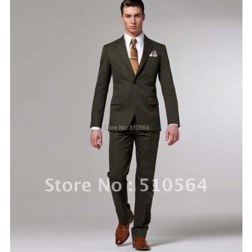 Wholesale Free shipping casual cotton slim suit Custom made Men olive color casual Suit