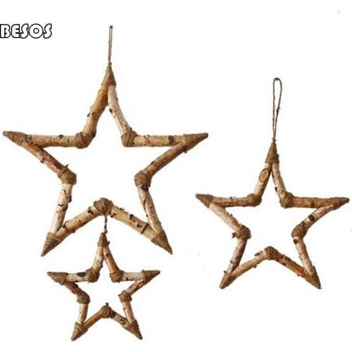 Creative Birch Handmade Five-pointed Star Hemp Rope fixed Wall Ornaments Wooden Simple Ornaments Christmas Party Decoration Prop