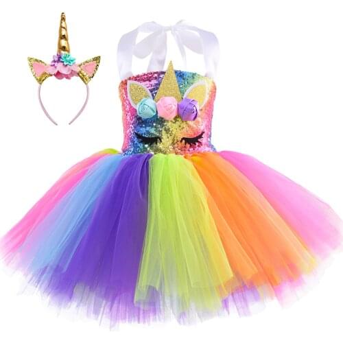 Rainbow Sequins Unicorn Tutu Dress for Girls Birthday Party Clothes Set Kids Halloween Carnival Cosplay Unicorn Costume Outfit