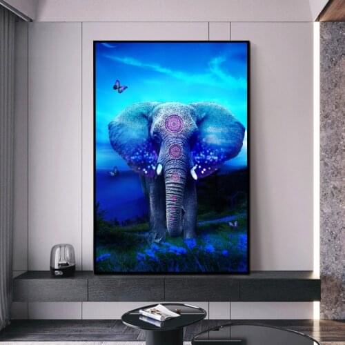 Blue Elephant and Butterfly Poster Abstract Animal Canvas Prints Wall Painting Modern Decoration Picture For Interior Room Decor