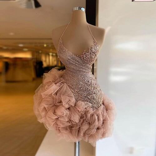 Dusty Pink Halter Short Prom Dresses Lace Sequined Ruffles Tulle Evening Gowns Cocktail Party Dress Custom Made Color And Size