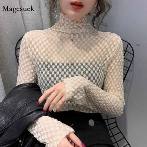 Turtleneck Lace Sexy Autumn and Winter 2020 Bottoming Shirt Women Blouse New Dot Mesh Tops Lace High Elasticity Shirt 11437