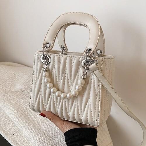 Women 2021 Crossbody HandBag Fashion Luxury Shoulder Bag Pearl Chain White Square Bags Designer Brand PU Material Messenger Bag