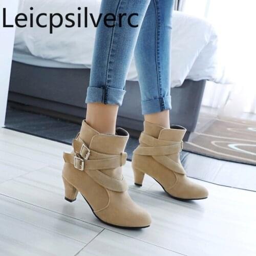 Womens Boots The New winter Round head fashion belt buckle mid heel Ankle boots Womens shoes plus size 34-43 Heel Height 5cm