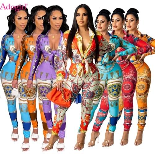 Adogirl Fashion Print Women Two Piece Sets Lace Up Long Sleeve Shirt Crop Top Pencil Pants Office Lady Casual Suits Tracksuit