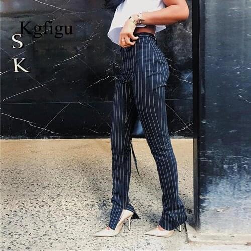 KGFIGU Office Pants For 2020 High Waist Striped Trousers Women Side Split OL Style Skinny Long Bottom Have Stretchy White