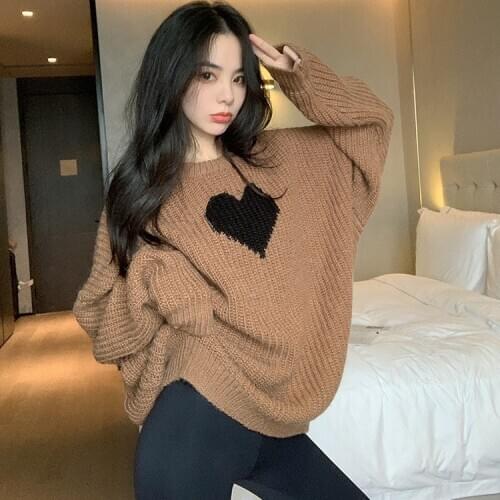 Sweaters for Women Fashion Brown Heart Sweater Lazy Oaf O-Neck Loose Knitted Pullover Women Korean Style Jersey Punto Mujer
