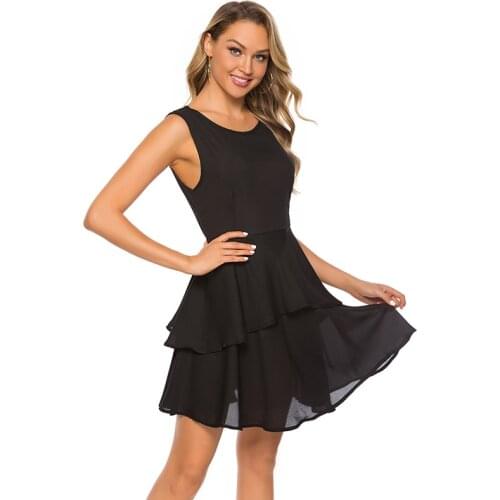 Plus Size Women Dress S-2XL 2021 Summer Solid Chiffon A-Line Tank Dress 2 Color Cascading Ruffle Lady Vest Dress