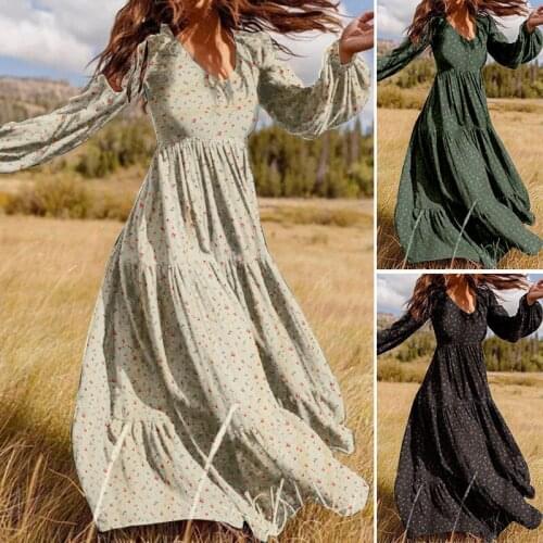 2021 Spring Casual Long Sleeve V-neck Floral Long Dress Big Size 5XL Boho Print Maxi Dress Elegant Loose Chiffon Dress Vestidos