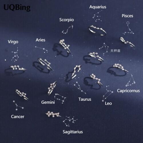 12 Constellation Rings For Women Cubic Zircon Adjustable Zodiac Rings Silver Color Jewelry Gifts