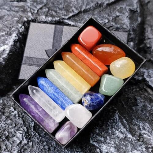 14pcs/set Chakras Healing Stone Natural Stone Crystal Gemstone Quartz Mineral Ornaments Home Decoration Gifts Box for Children