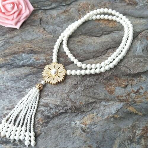 5pcs CZ zircon crystal Micro pave golden charm Pendant Connector, Shell Pearl Beads Chain tassels Women Necklace NK227