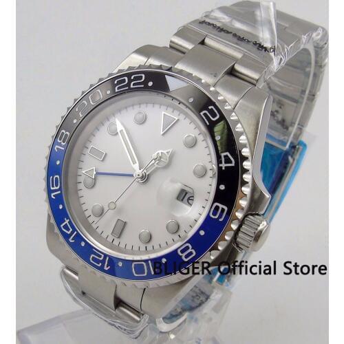 BLIGER 40mm White Sterile Dial Mens Watch Blue Black Ceramic Bezel GMT Function Luminous Marks Sapphire Automatic Movement