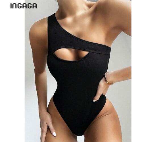 INGAGA Cut Out Swimwear Women One Piece Swimsuit 2021 New One Shoulder Bodysuits Summer Beach High Cut Bathing Suit Women