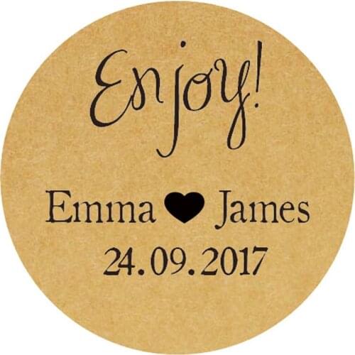DouxArt 100pcs Personalized Stickers Enjoy, 40mm Hearts Marriage Wedding Favors Baptism Communion Invite Handmade Labels P004