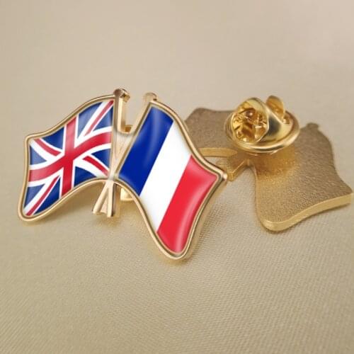 United Kingdom and France Crossed Double Friendship Flags Lapel Pins Brooch Badges