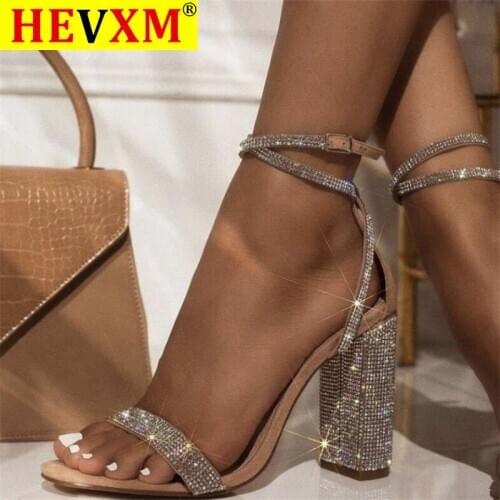 Elegant rhinestone Women Sandals Square High Ankle Cover Heel Round Toe Office Dance Buckle Strap Party Heels Silver Sandals