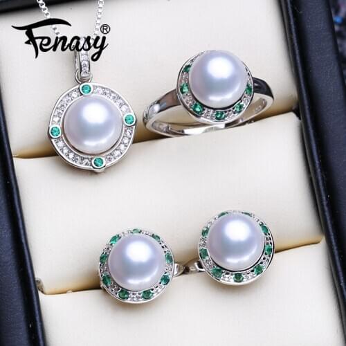 FENASY Luxury Pearl Jewelry Sets 925 Sterling Silver Green Crystal Natural Freshwater Pearl Earrings Necklace Ring For Women
