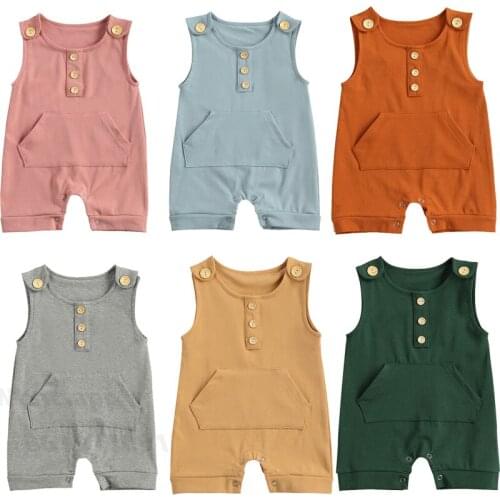 FOCUSNORM 6 Colors Newborn Baby Girls Boys Jumpsuits Solid Sleeveless Button Pocket Rompers 0-18M