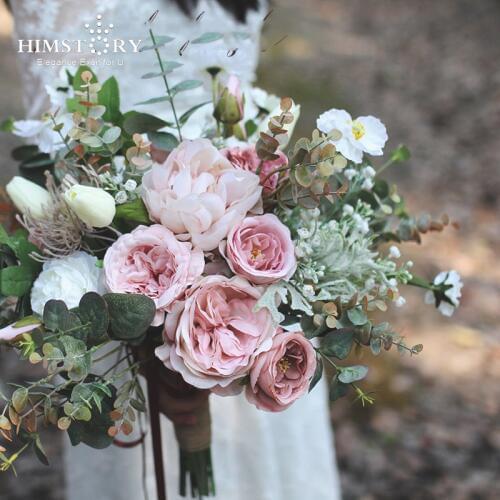 HIMSTORY New Romantic Blush Pink Wedding Flowers Bridal Bouquet Artificial Silk Roses Hydrangea Wedding Bouquet Accessories