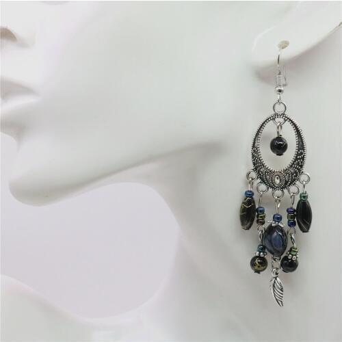 Classic Retro National Wind Black Beads Oval Tibetan Silver Accessories Tassel Long Earrings Jewelry Gift for Women M333