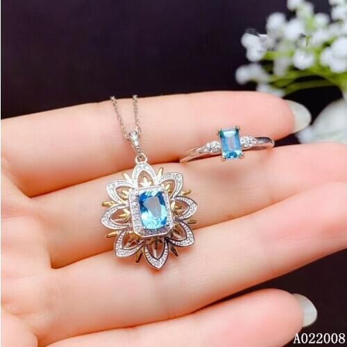 KJJEAXCMY Fine Jewelry 925 Sterling Silver Inlaid Natural Blue Topaz popular Ring Necklace Pendant Set Support test