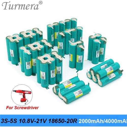 Turmera 3S 12.6V 4S 16.8V 5S 18V 21V 6S 25V 18650 Lithium Battery 20RM 2000mAh 4000mAh 20A Soldering for Screwdriver Battery Use